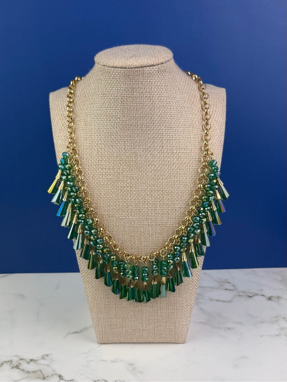 Iridescent Green Crystal Fringe Collar Necklace | Gold Chain